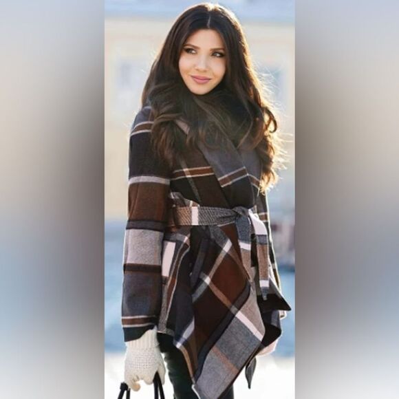 Women Earth Tone Shawl Collar Turn Down Check Asymmetric Hemline Wool Blend Coat - Picture 1 of 10